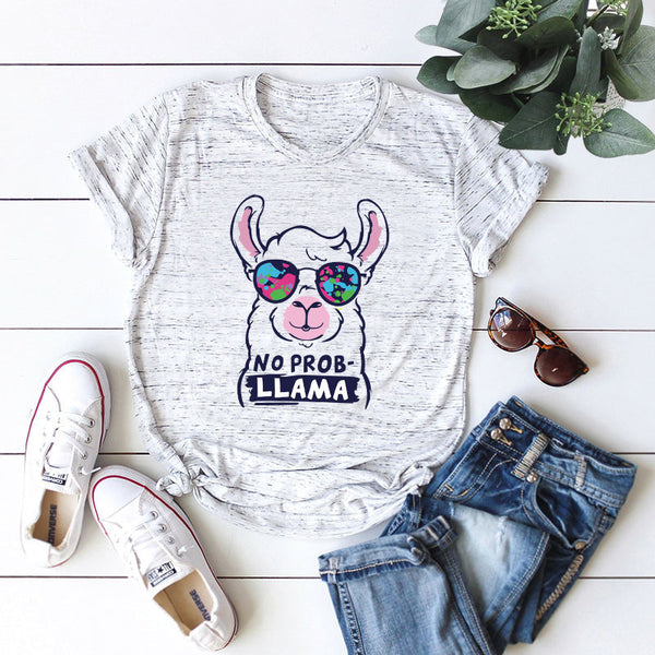 LLAMA Loose Round Neck Cotton Short Sleeve T-shirt Women