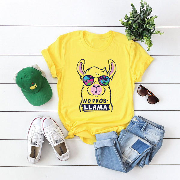 LLAMA Loose Round Neck Cotton Short Sleeve T-shirt Women