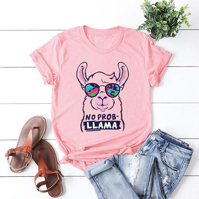 LLAMA Loose Round Neck Cotton Short Sleeve T-shirt Women