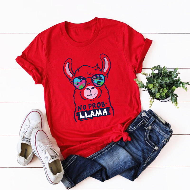 LLAMA Loose Round Neck Cotton Short Sleeve T-shirt Women