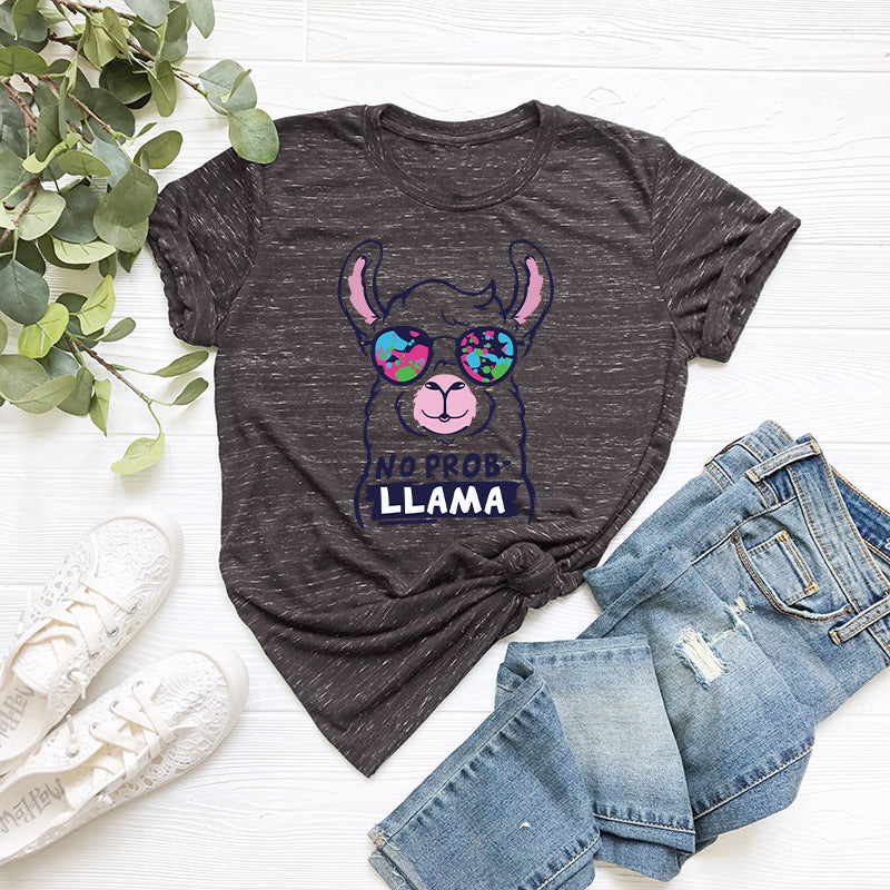 LLAMA Loose Round Neck Cotton Short Sleeve T-shirt Women