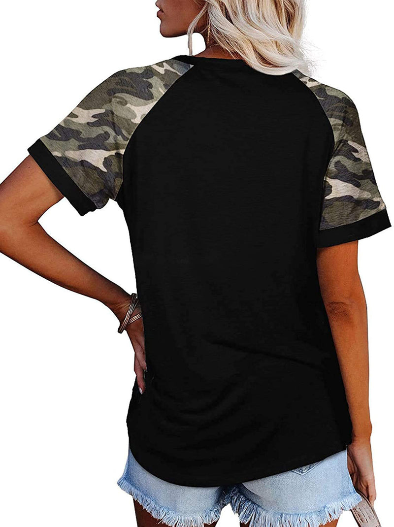 Camouflage Print Round Neck Short Sleeve T Shirt Top Women