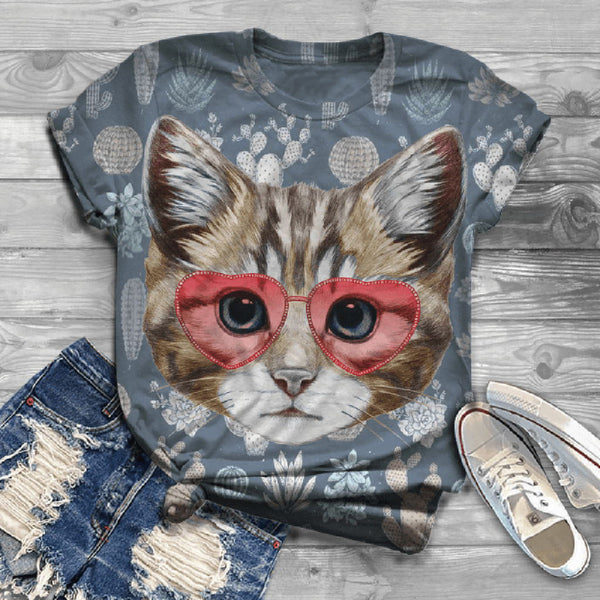 3D cat  printing casual short-sleeved T-shirt women