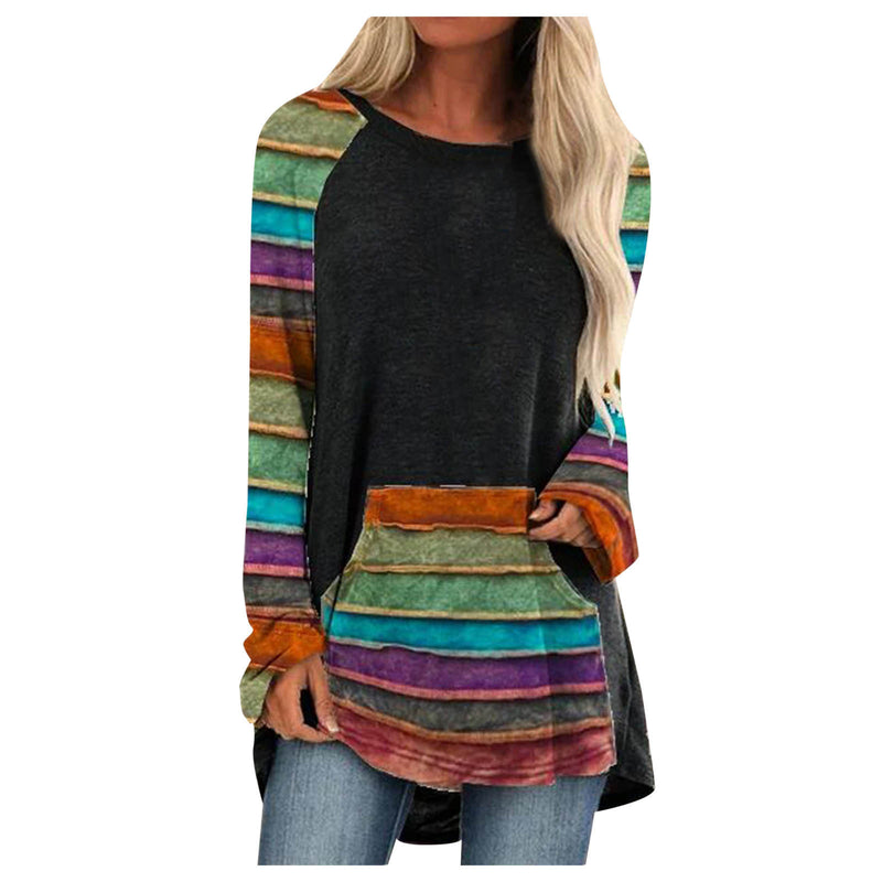 Fake Pocket Round Neck Long Sleeve T-shirt Women