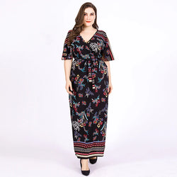 Plus Size Summer Dress Woman V Neck Short Sleeve Floral Print Casual Long Dress Big Size Women Clothing