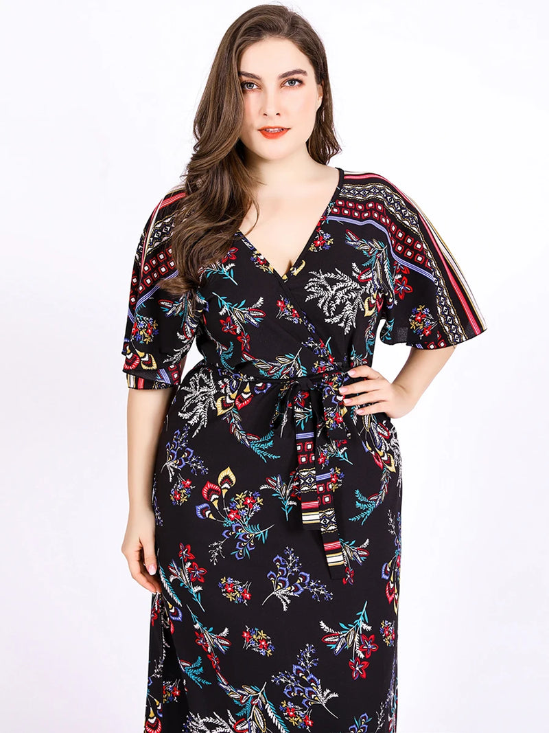 Plus Size Summer Dress Woman V Neck Short Sleeve Floral Print Casual Long Dress Big Size Women Clothing