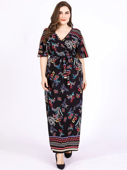 Plus Size Summer Dress Woman V Neck Short Sleeve Floral Print Casual Long Dress Big Size Women Clothing