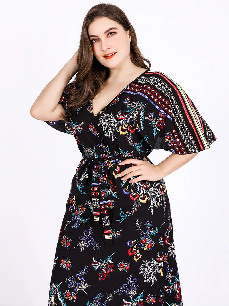 Plus Size Summer Dress Woman V Neck Short Sleeve Floral Print Casual Long Dress Big Size Women Clothing