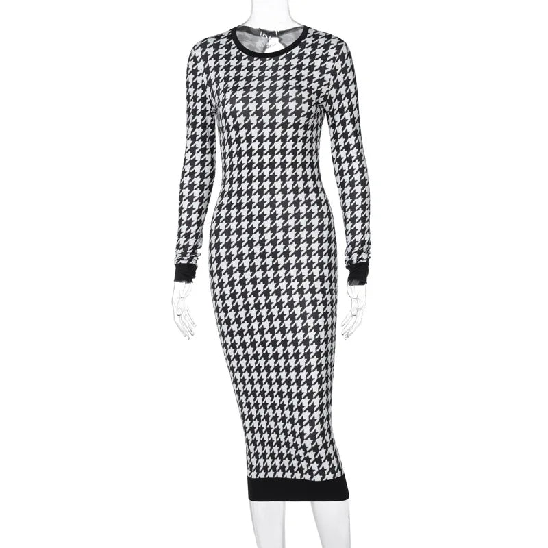 Houndstooth Print Women Long Sleeve Midi Dress Hollow Out