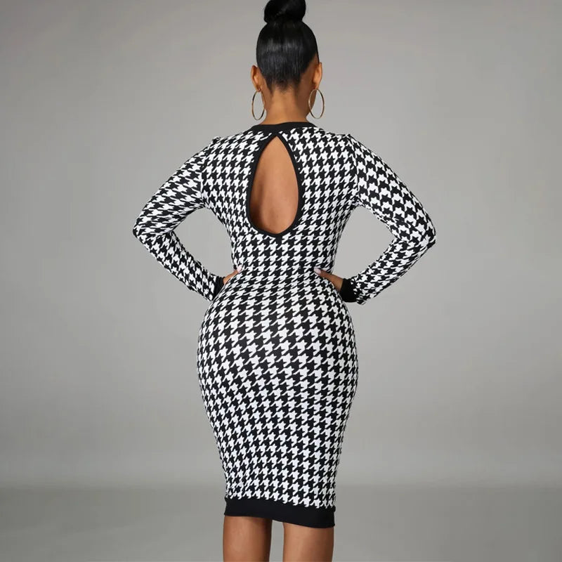 Houndstooth Print Women Long Sleeve Midi Dress Hollow Out