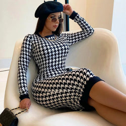 Houndstooth Print Women Long Sleeve Midi Dress Hollow Out