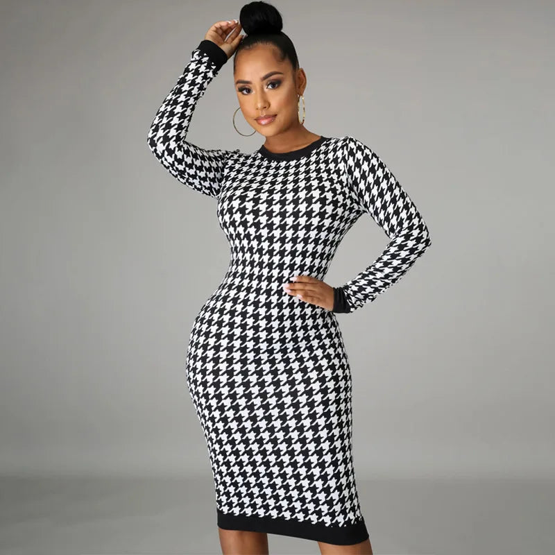 Houndstooth Print Women Long Sleeve Midi Dress Hollow Out