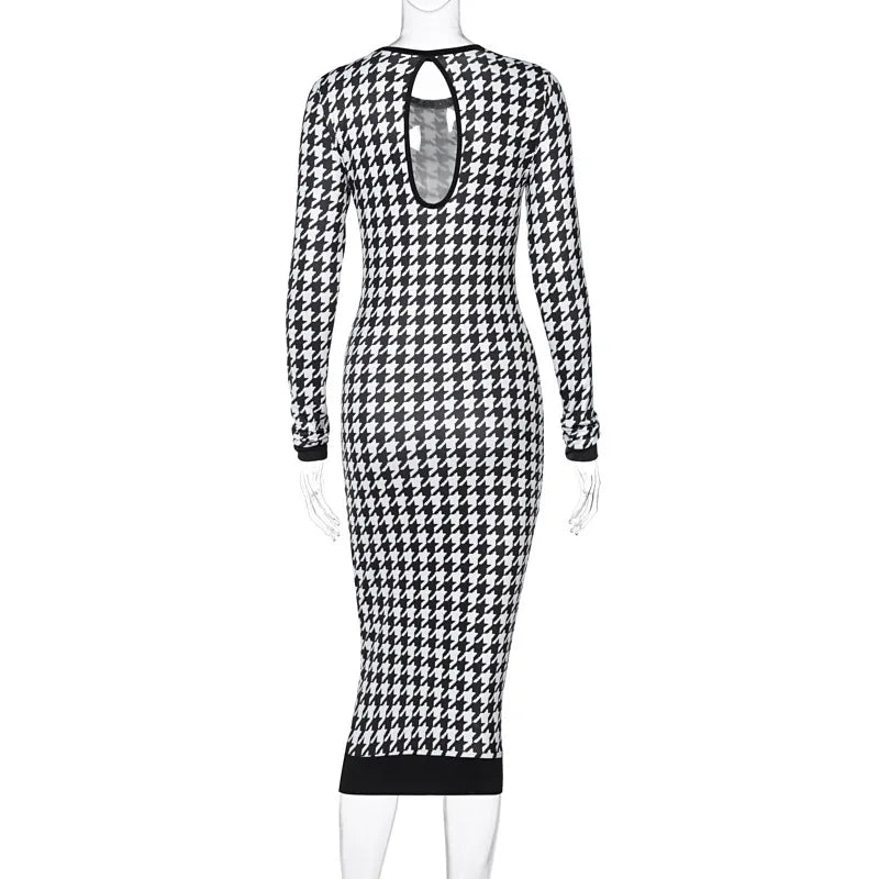 Houndstooth Print Women Long Sleeve Midi Dress Hollow Out