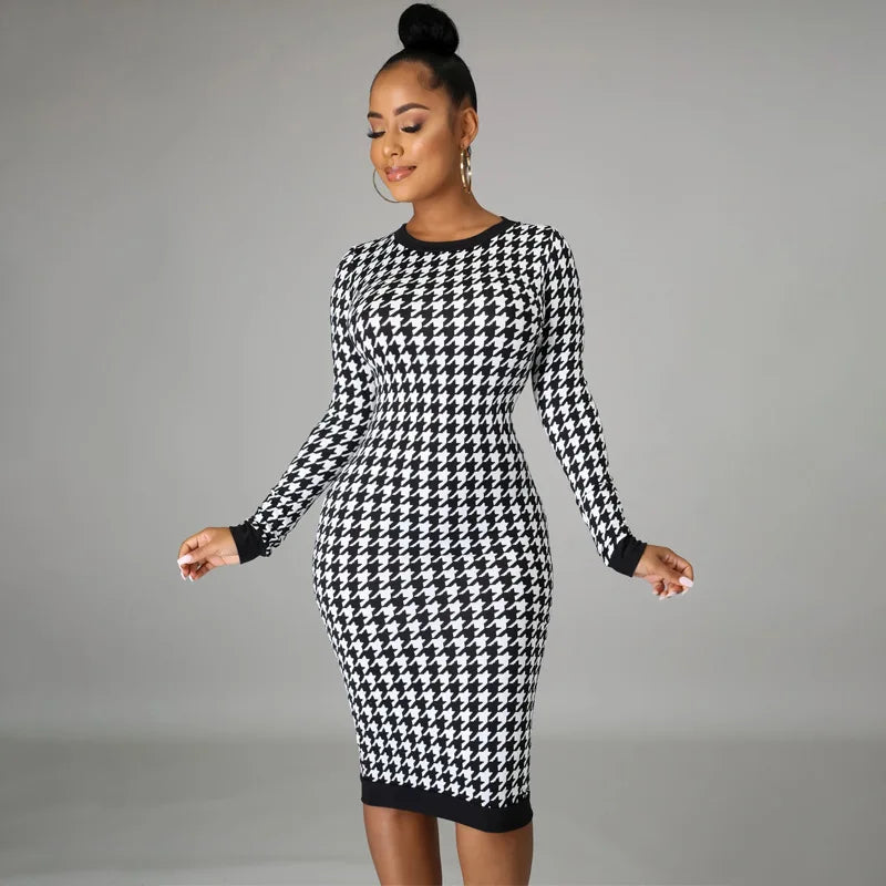 Houndstooth Print Women Long Sleeve Midi Dress Hollow Out