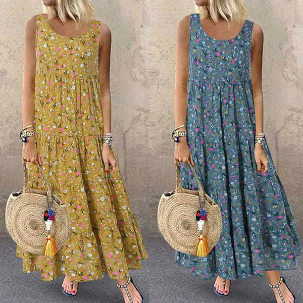 Jocoo Jolee Bohemian Maxi Dress Women Casual Vintage Sleeveless O Neck Floral Print Loose Long Dress Oversized Beach Sundress