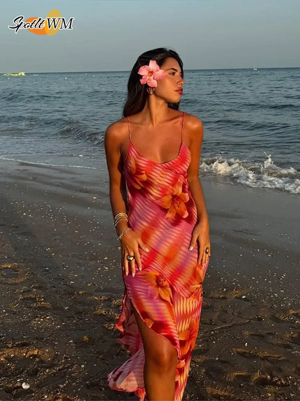 Chic Flower Printed V Neck Beach Dress For Women