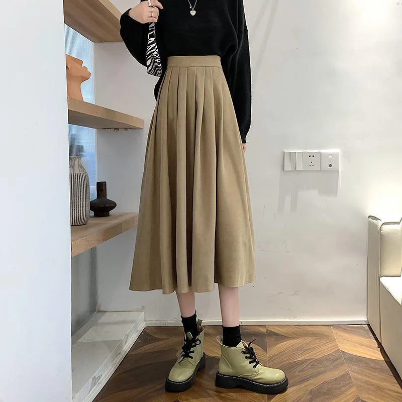 Lucyever Vintage Brown High Waist Pleated Skirt Women