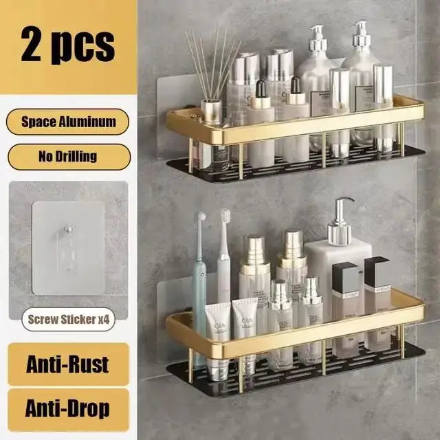 Wall Mounted 2 Tier Shelf No Drill Bathroom Shampoo Holder