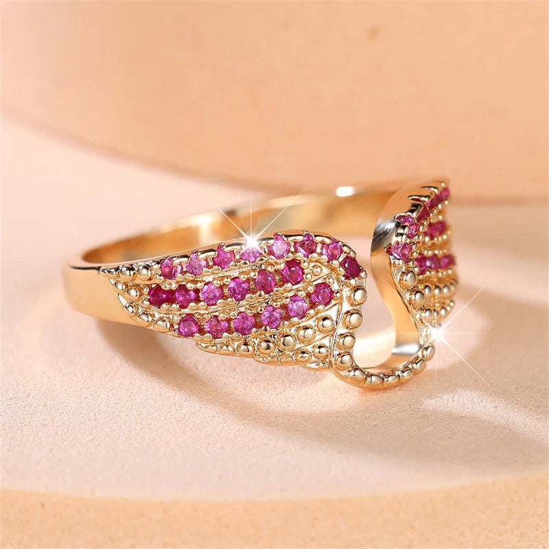 Cute Female Rose Red Zircon Angel Wings Ring  For Women