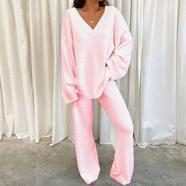 Women Winter Comfort Solid Pajamas Set V-Neck Casual Daily Home Warm Top+Long Pants Two Piece Set Warm Sleepwear Pijama S-3XL