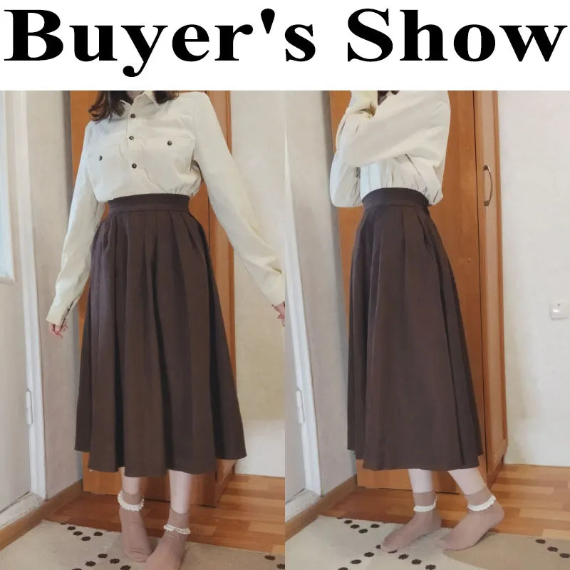 Lucyever Vintage Brown High Waist Pleated Skirt Women