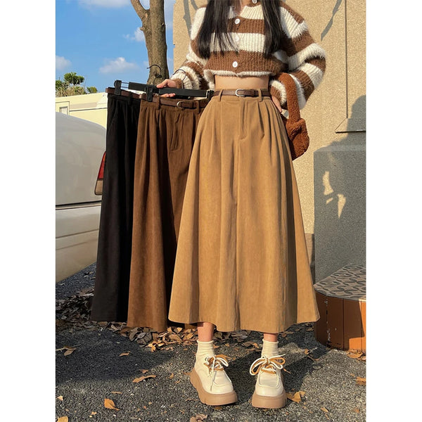 Vintage Belt Corduroy Midi Skirt Women