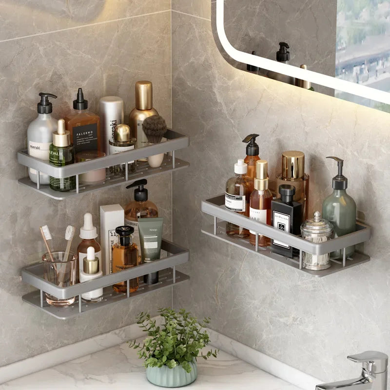 Wall Mounted 2 Tier Shelf No Drill Bathroom Shampoo Holder