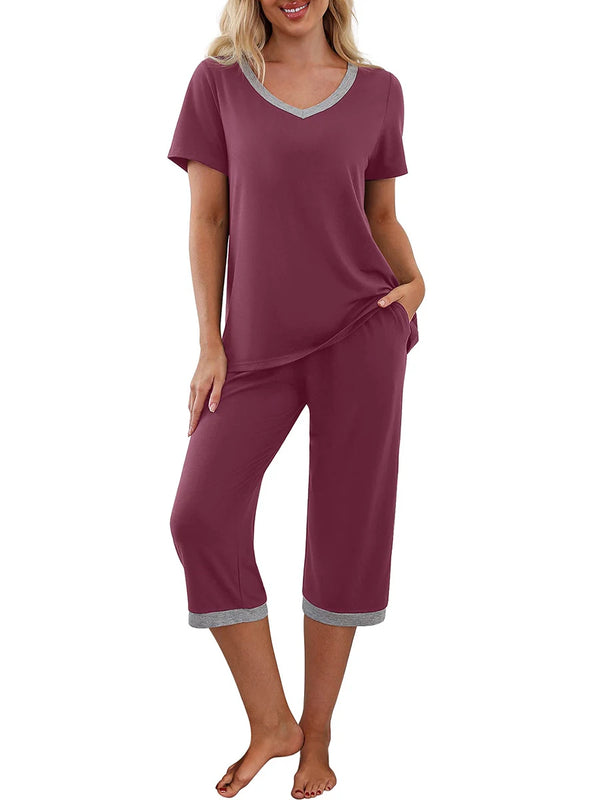 Women s Pajama Set Short Sleeve V Neck T-shirt and Capri Pants Sleepwear Contrast Color Floral Leopard Lounge Suits