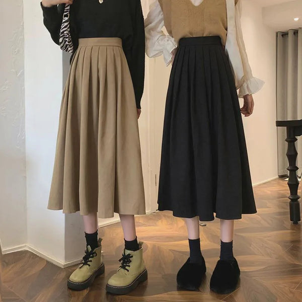 Lucyever Vintage Brown High Waist Pleated Skirt Women