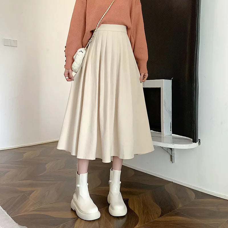 Lucyever Vintage Brown High Waist Pleated Skirt Women