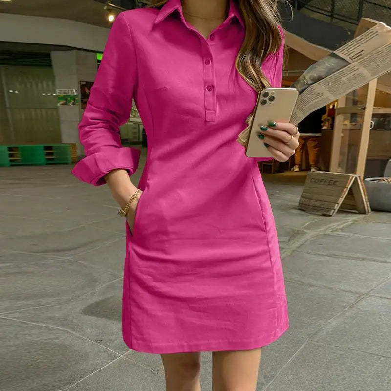 VONDA Women Dress Summer Elegant Long Sleeve Solid Color Shirt Sundress 2024 Casual Loose Buttons Pockets Short Mini Vestidos