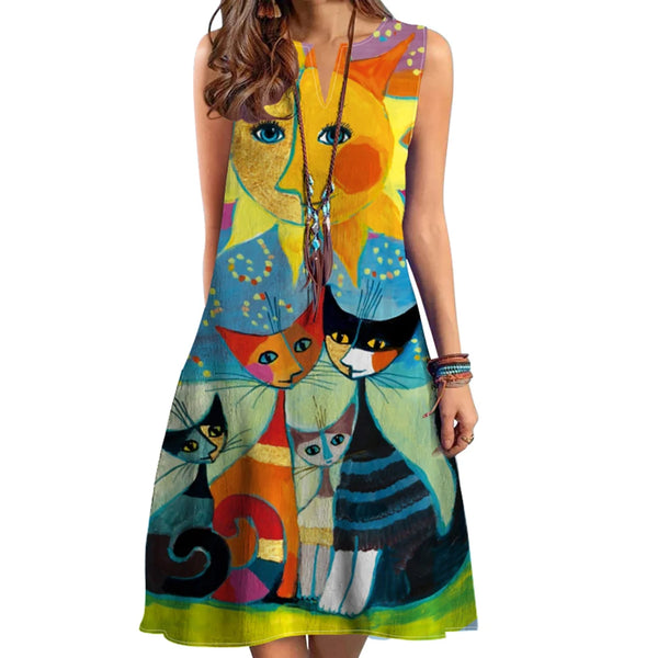 V-neck Sleeveless Printed Midi Dress