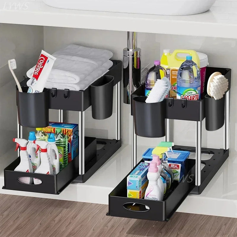 2 Tier Under Sink Organizer Sliding Cabinet Basket