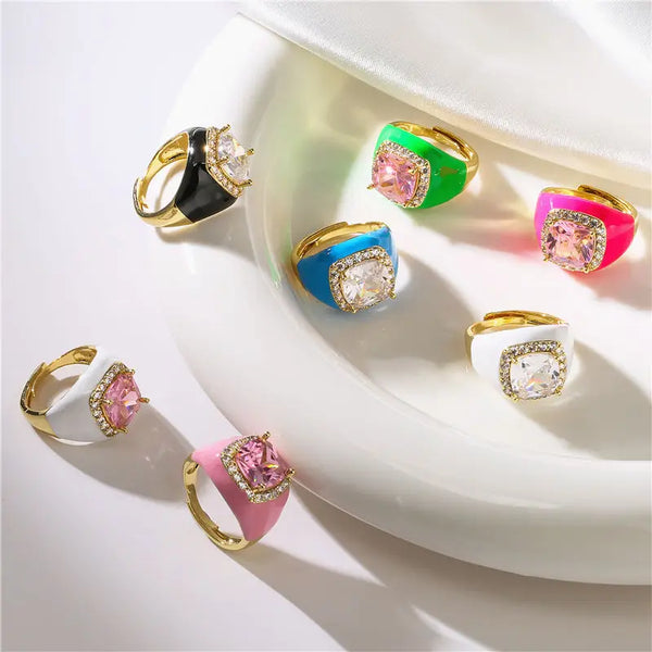 Oil Zircon Open Ring For Women Adjustable Gold Plated Chunky Finger Rings