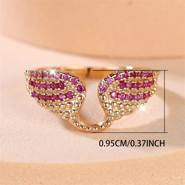 Cute Female Rose Red Zircon Angel Wings Ring  For Women