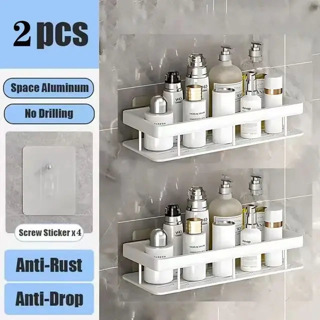 Wall Mounted 2 Tier Shelf No Drill Bathroom Shampoo Holder