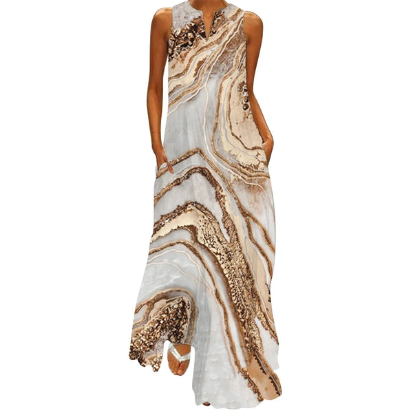 Women's Sleeveless V-neck Printed  Long Dress