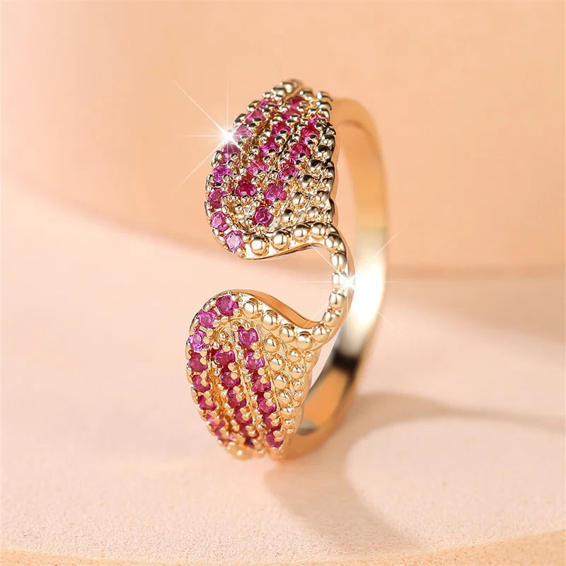 Cute Female Rose Red Zircon Angel Wings Ring  For Women