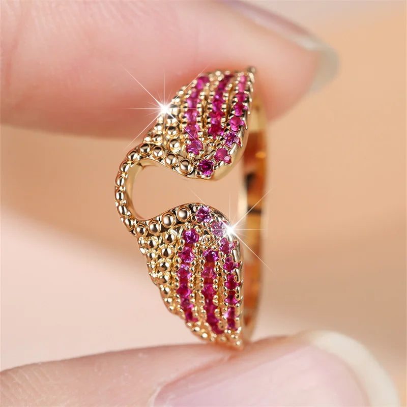 Cute Female Rose Red Zircon Angel Wings Ring  For Women