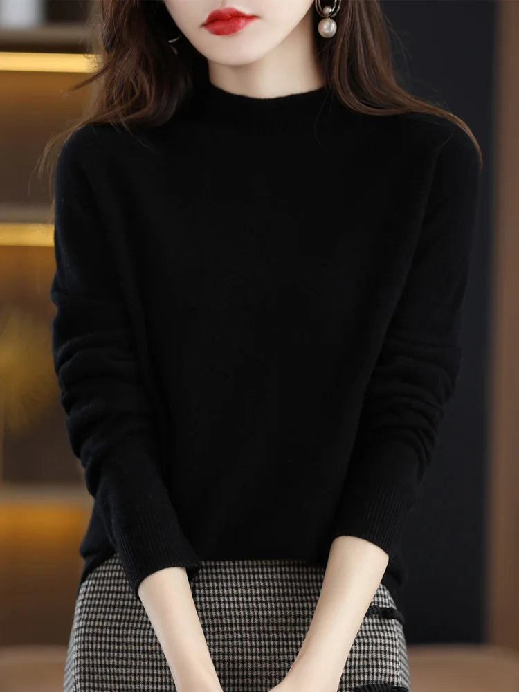 Solid Mock-neck Pullover Sweater For Women