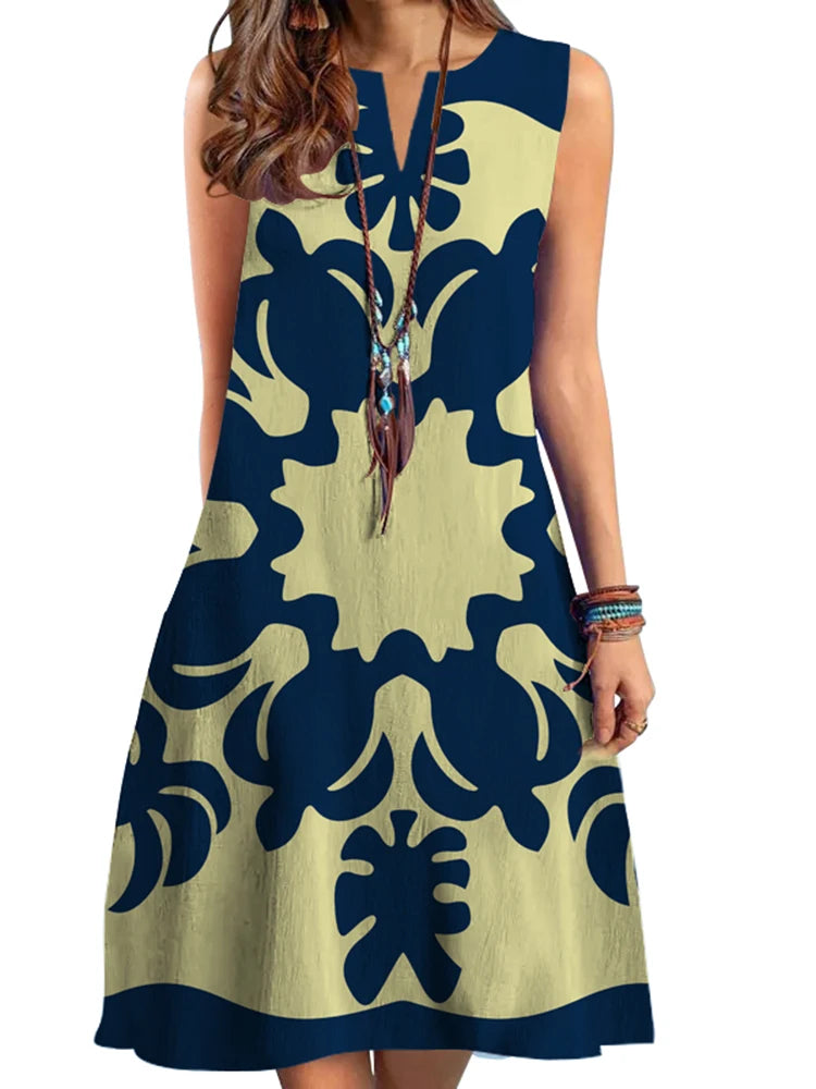 New  V-neck Sleeveless Printed Midi Dress