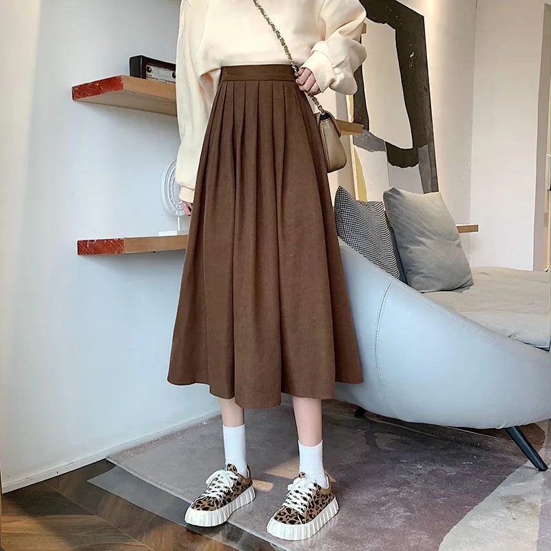 Lucyever Vintage Brown High Waist Pleated Skirt Women