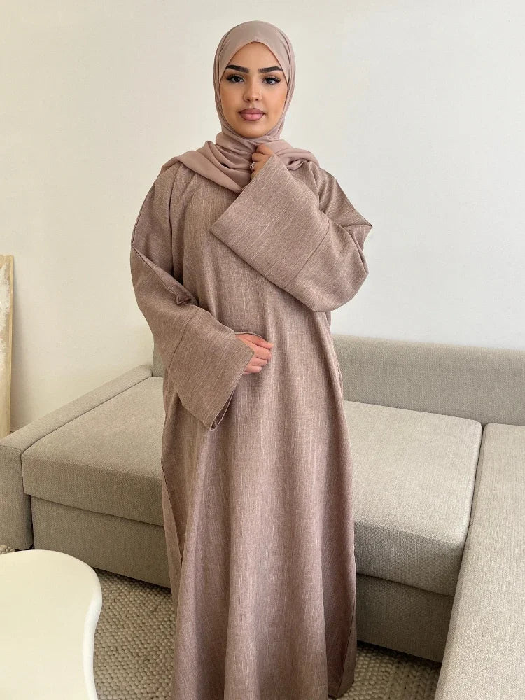 Plain Linen Closed Abaya| Muslim Hijab Dress