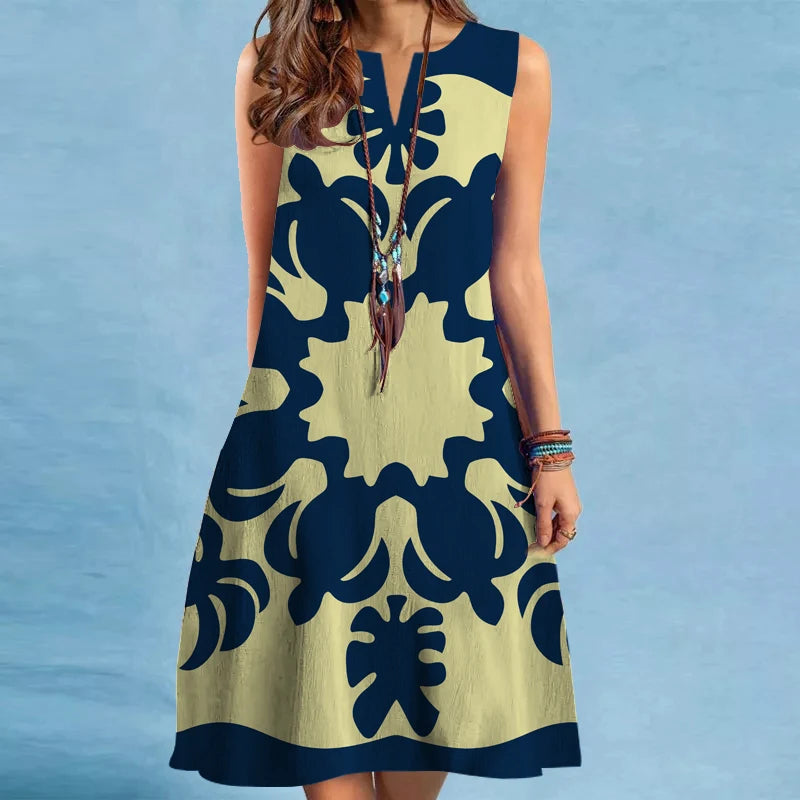 New  V-neck Sleeveless Printed Midi Dress