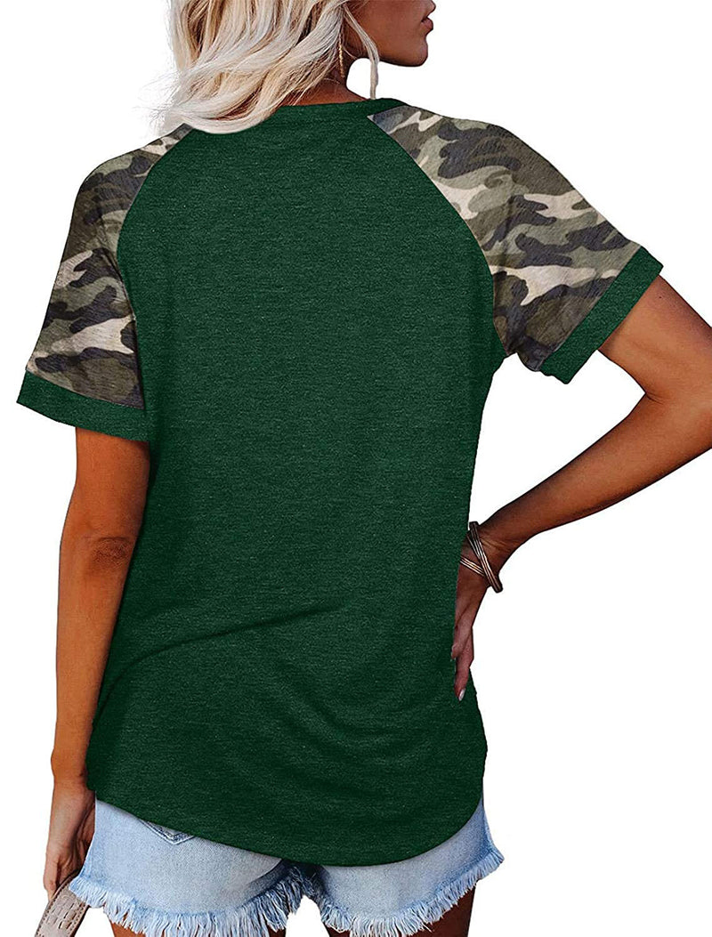 Camouflage Print Round Neck Short Sleeve T Shirt Top Women